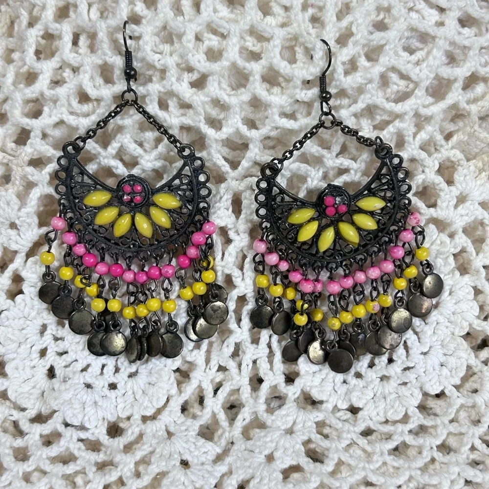 Dangle Hook Chandelier Earrings Boho Filigree Bead Pink Yellow Black Drop